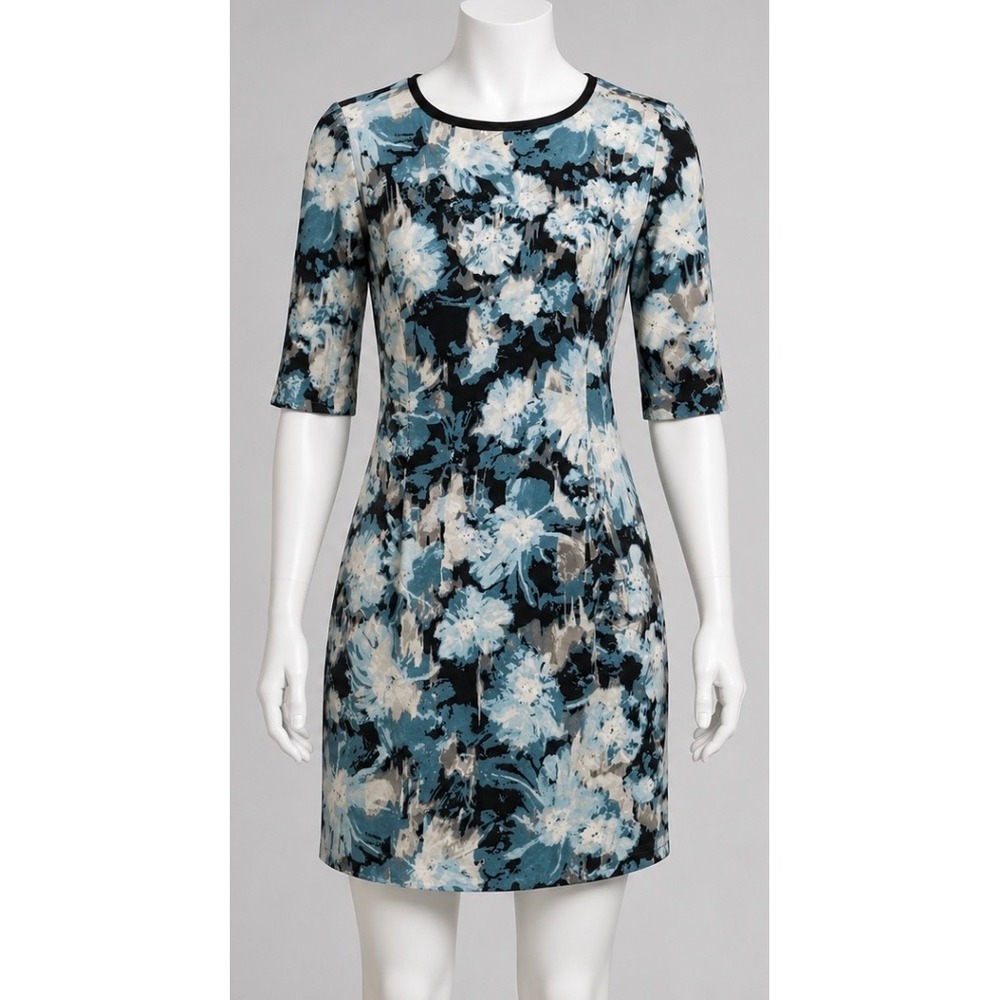 London Times Womens Blue Abstract Floral Print Sheath Dress Size 8 Elbow Sleeve